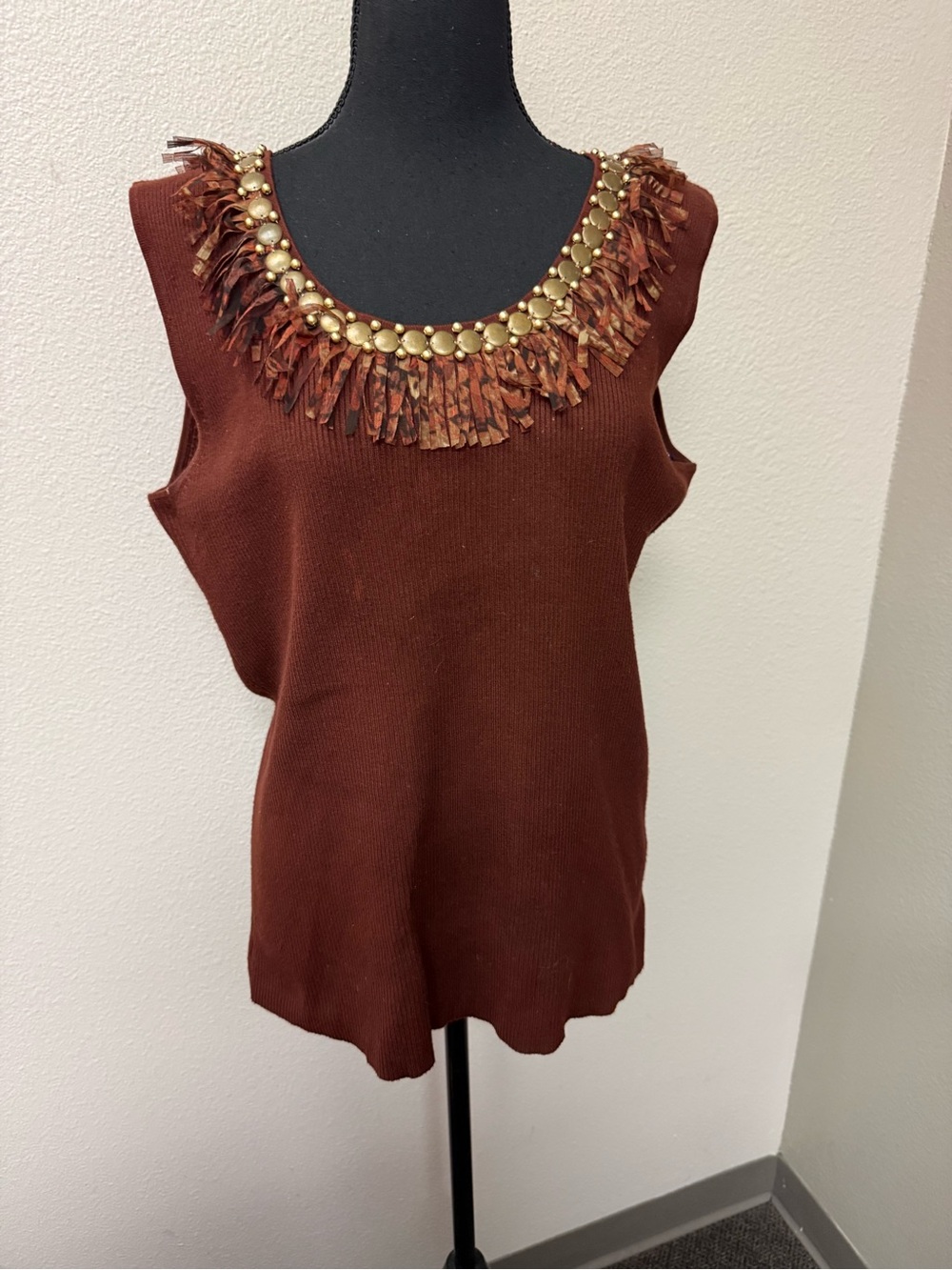 Ruby Rd Brown Embellished Fringe Tank 1X Boho Western Festival Chic Top - Picture 3 of 11